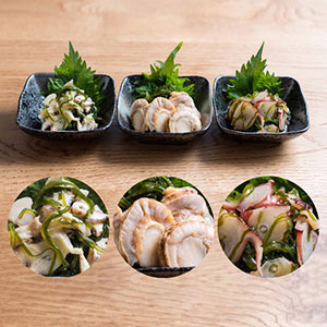 「鮭節昆布醤油漬け 3種セット」たこ（220g×2パック）/ ほたて（220g×2パック）/ つぶ（220g×2パック）